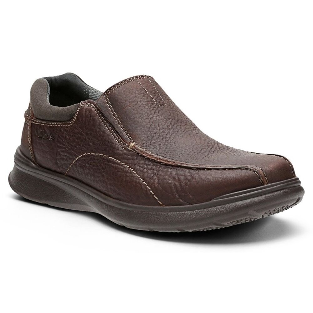 CLARKS Men's Cotrell Step Leather Slip-On Shoes with Stitch Detailing Brown Size